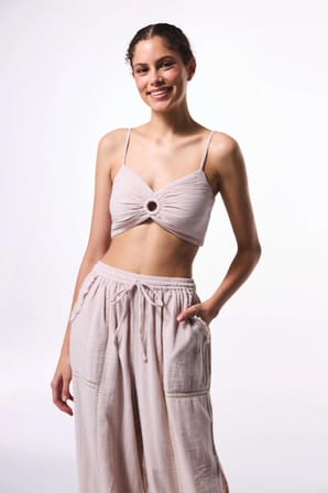 Taş Rengi Kio Müslin Muslin V Yaka Crop Top Üst