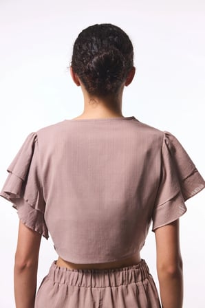Bej Peek Crinkle Crop Top Gömlek