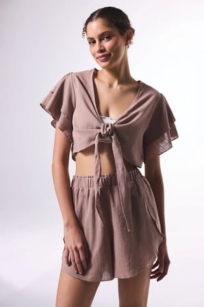Bej Peek Crinkle Crop Top Gömlek