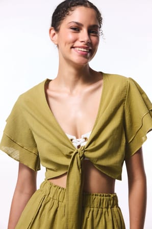 Yağ Yeşili Peek Bağlama Detaylı Crop Top Üst