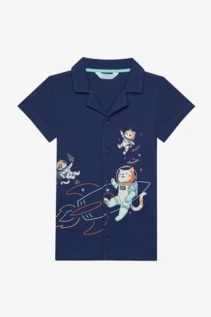 Erkek Çocuk Catstronaut Gömlek Pamuklu Koyu Mavi Pijama Takımı