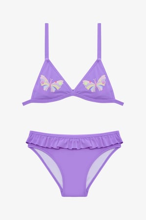 Lila Kız Çocuk Butterfly Fırfırlı Üçgen Bikini Takım
