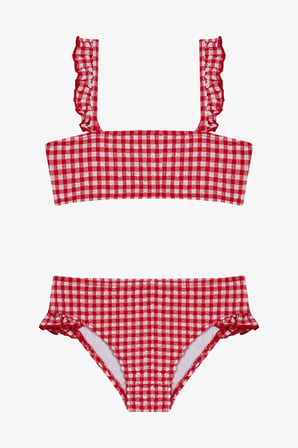 Kız Çocuk Gigham Kareli Fırfırlı Bandeau Bikini Takımı