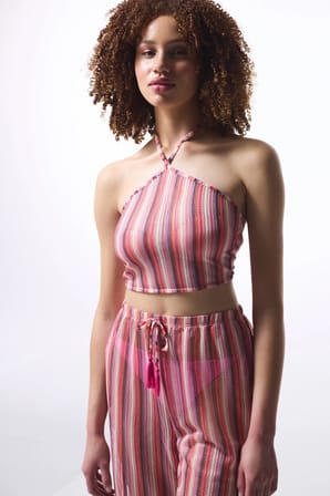 Çizgili Moi Halter Yaka Crop Üst