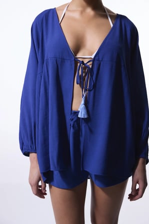 Lacivert Freya Crinckle Kısa Kol V Yaka Midi Kimono