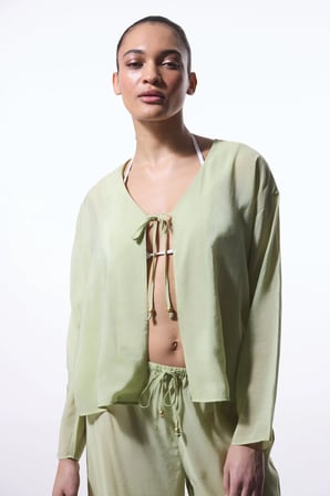 Açık Yeşil Mindy Bağlama Detaylı V Yaka Oversize Kimono