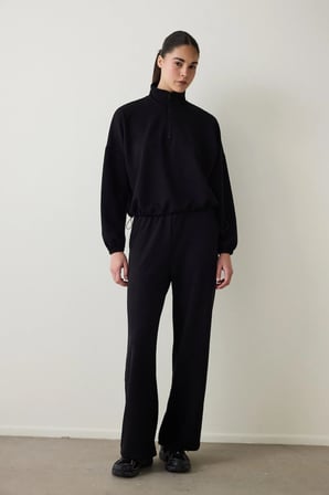 Siyah Silky Feel Dik Yaka Crop Sweatshirt
