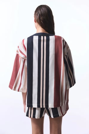 Shay Striped Etnik Desen V Yaka Oversize Kimono