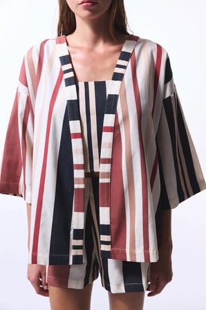 Shay Striped Etnik Desen V Yaka Oversize Kimono