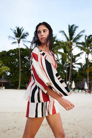Shay Striped Etnik Desen V Yaka Oversize Kimono