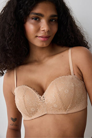 PENTİ Push Up Lace Dantel Bej Straplez Sütyen
