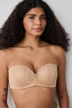 PENTİ Push Up Lace Dantel Bej Straplez Sütyen