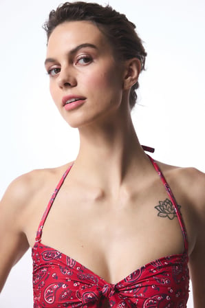 Renkli Etnik Desenli Tokalı Bandana Straplez Bikini Üstü