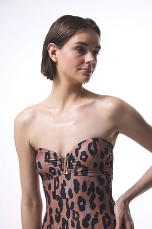 Clove Leopar Desenli Tokalı Straplez Mayo