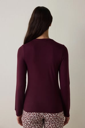 Bordo  Sloganlı Uzun Kollu Termal Etkili Pijama Üstü