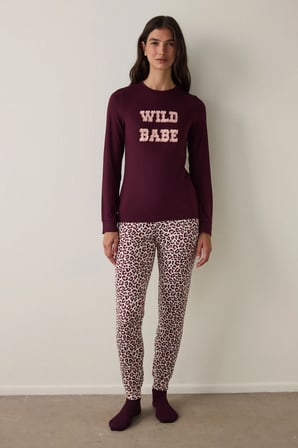 Bordo  Sloganlı Uzun Kollu Termal Etkili Pijama Üstü