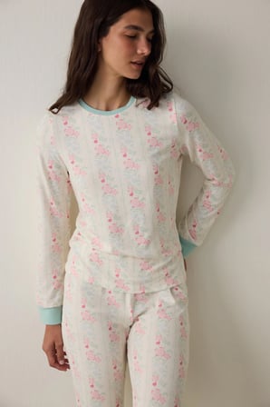 Gardenya Cute Flowers Termal Etkili Bisiklet Yaka Uzun Kollu Pijama Üstü