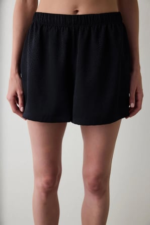 Siyah Fleur Saten Şort Pijama Altı