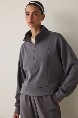 Gri Modal Dik Fermuar Yaka Sweatshirt