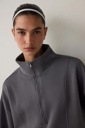 Gri Modal Dik Fermuar Yaka Sweatshirt