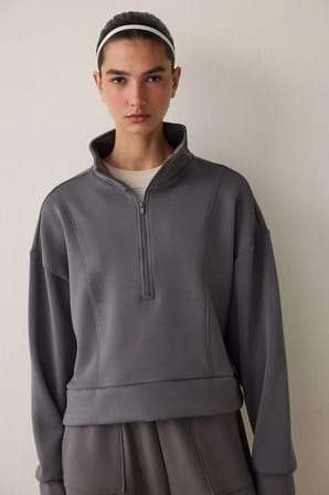 Gri Modal Dik Fermuar Yaka Sweatshirt