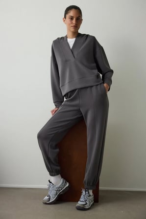 Antrasit Kapüşonlu Modal Crop Sweatshirt
