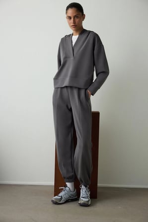 Antrasit Kapüşonlu Modal Crop Sweatshirt