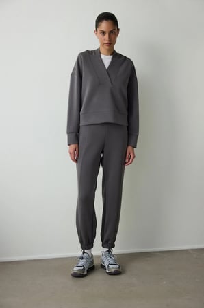 Antrasit Kapüşonlu Modal Crop Sweatshirt