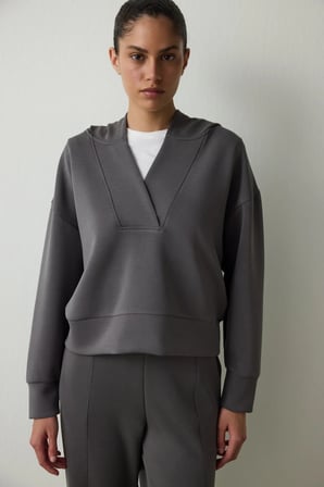 Antrasit Kapüşonlu Modal Crop Sweatshirt