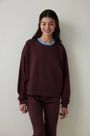 Kahverengi Çiçek Desenli Yakalı Oversize Sweatshirt - Inspired by Flora