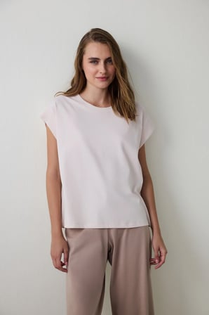 Bej Weekend Time Bisiklet Yaka Pamuklu Kısa Kollu Pijama Üstü