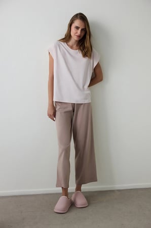 Bej Weekend Time Bisiklet Yaka Pamuklu Kısa Kollu Pijama Üstü