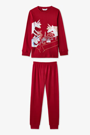 Kırmızı Kız Çocuk Table Unicorn Desenli Uzun Kollu Termal Etkili  Pijama Takımı