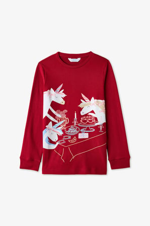 Kırmızı Kız Çocuk Table Unicorn Desenli Uzun Kollu Termal Etkili  Pijama Takımı