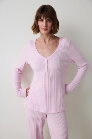 Açık Pembe Cozy Time V Yaka Uzun Kollu Termal Etkili Pijama Takımı