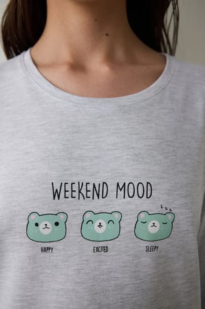 Weekend Mood Bisiklet Yaka Uzun Kollu Pamuklu Pijama Takımı