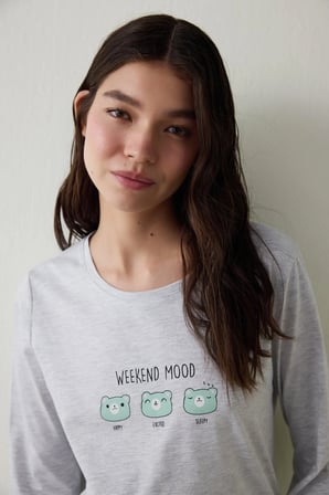 Weekend Mood Bisiklet Yaka Uzun Kollu Pamuklu Pijama Takımı