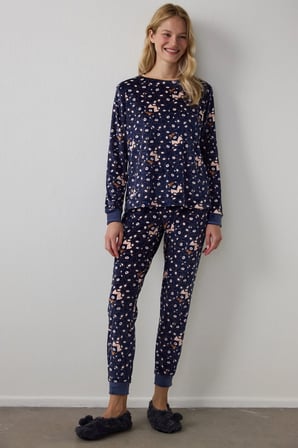Lacivert Ayı Desenli Sweatshirt Termal Etkili Pijama Üstü
