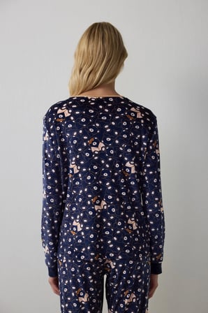 Lacivert Ayı Desenli Sweatshirt Termal Etkili Pijama Üstü