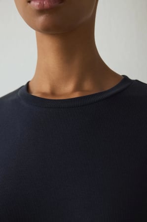 Siyah Bisiklet Yaka Uzun Kollu Fitilli Modal Bol Kesim Crop Üst