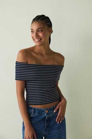 CUPsecret Kendinden Pedli Çizgili Foldable Madonna Yaka Kolsuz Slim Fit Üst