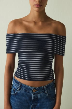 CUPsecret Kendinden Pedli Çizgili Foldable Madonna Yaka Kolsuz Slim Fit Üst