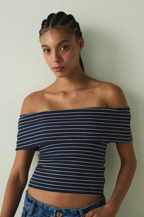 CUPsecret Kendinden Pedli Çizgili Foldable Madonna Yaka Kolsuz Slim Fit Üst