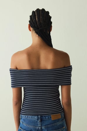 CUPsecret Kendinden Pedli Çizgili Foldable Madonna Yaka Kolsuz Slim Fit Üst