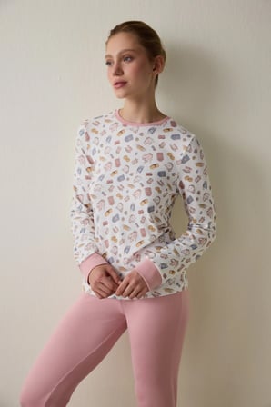 Tea Party Baskılı  Uzun Kollu Termal Etkili Pijama Üstü