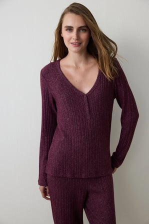 Bordo Cozy Time V Yaka Uzun Kollu Termal Etkili Pijama Takımı