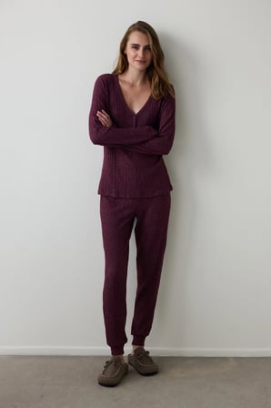 Bordo Cozy Time V Yaka Uzun Kollu Termal Etkili Pijama Takımı