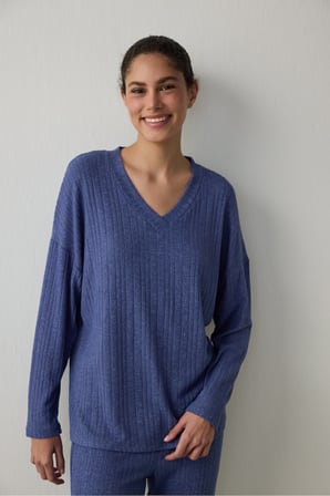 Lacivert Cozy V Yaka Uzun Kollu Termal Etkili Pijama Takımı