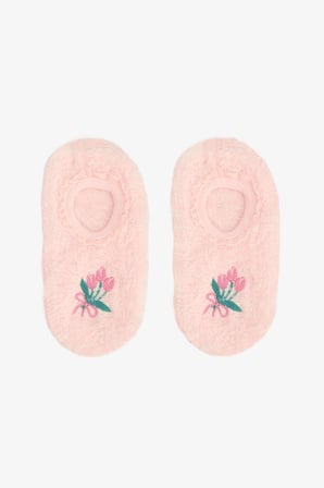 Açık Pembe Kız Çocuk Çiçek Desenli Nakışlı Kaymaz Taban Ev Patiği