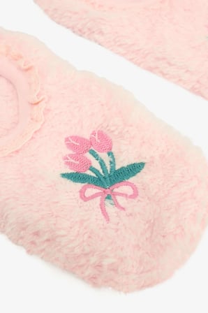 Açık Pembe Kız Çocuk Çiçek Desenli Nakışlı Kaymaz Taban Ev Patiği